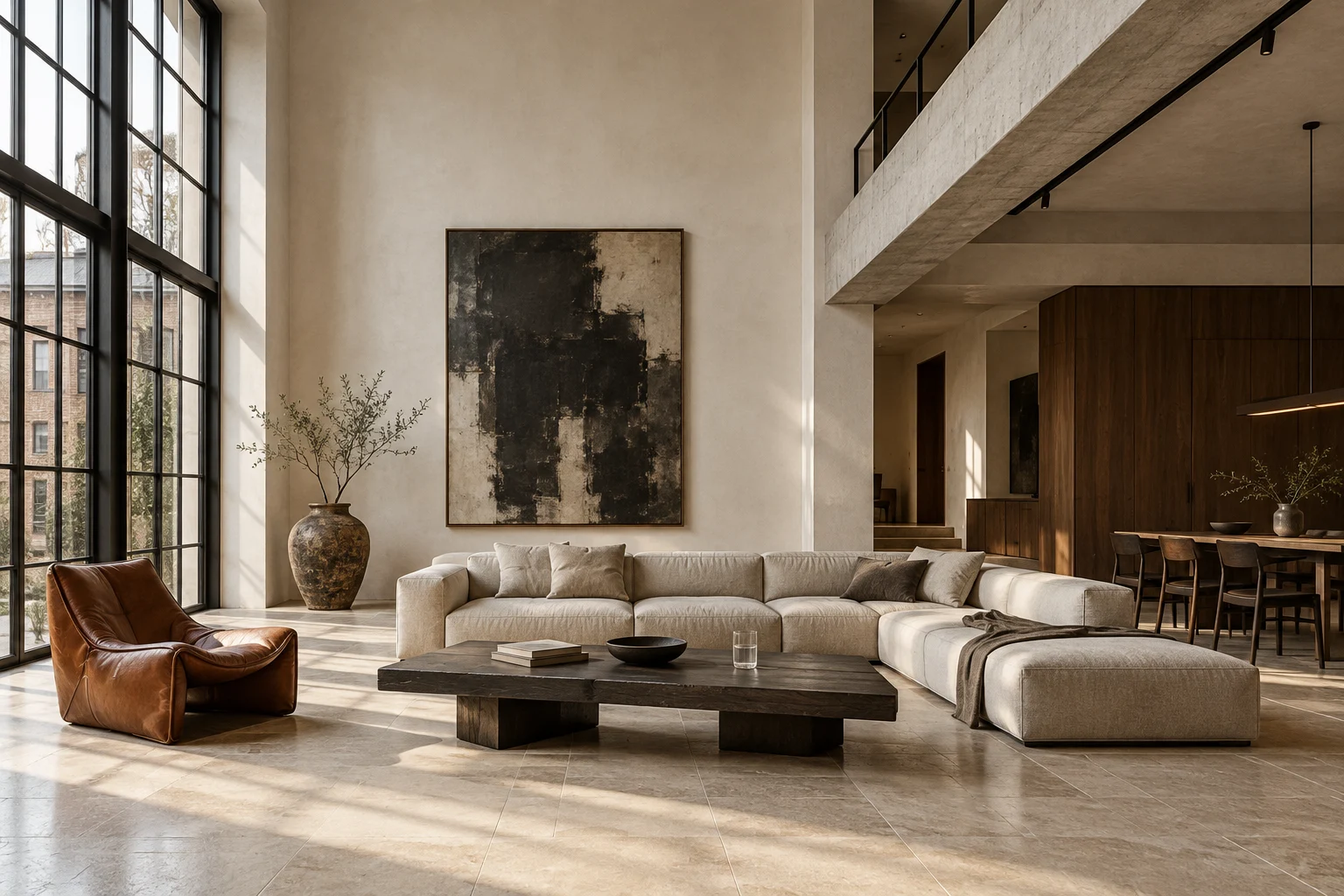 Open loft with ivory linen seating, limestone floors, dark oak and tall steel windows.
