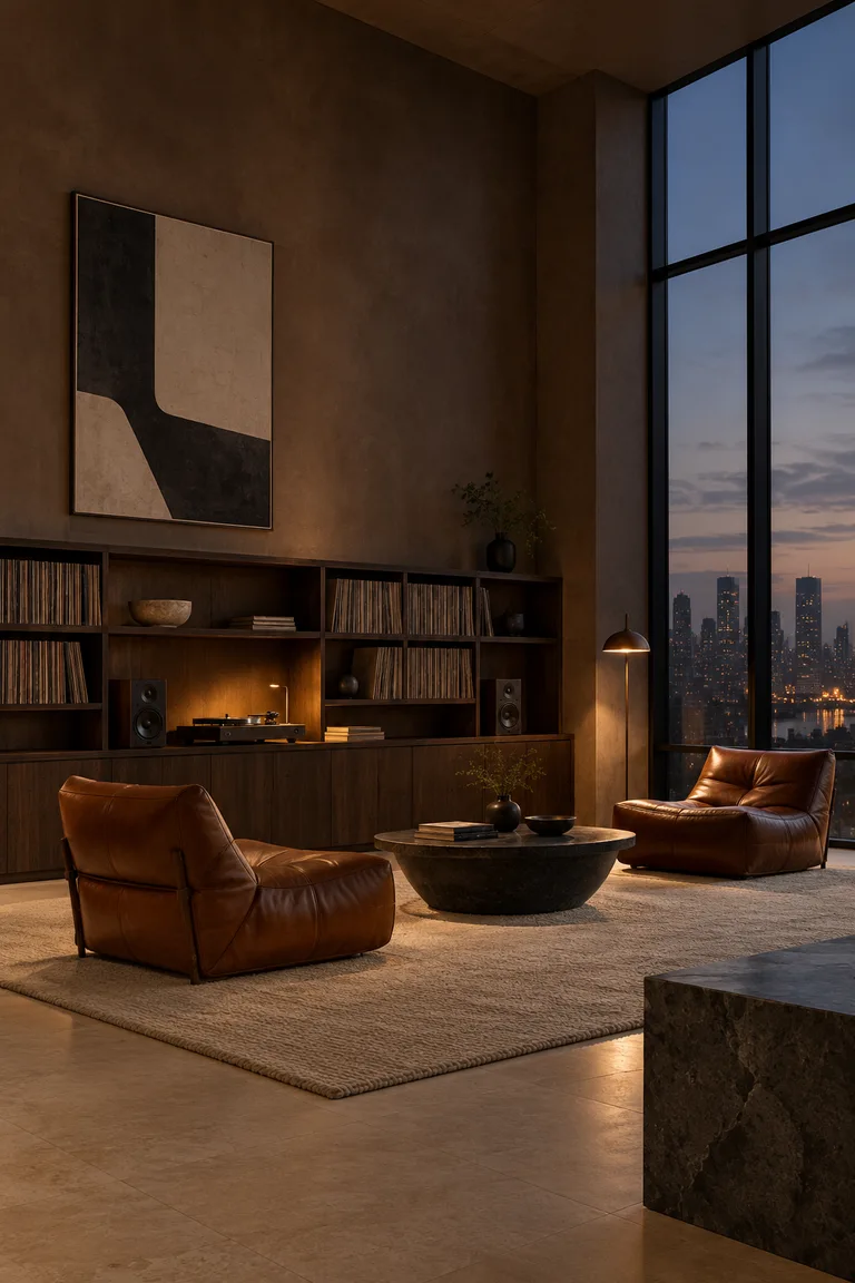 Cognac chairs and a walnut record library at blue hour.