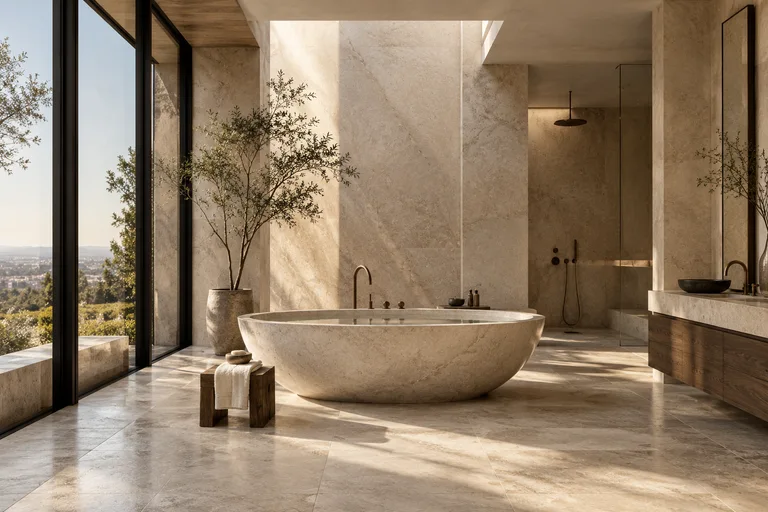 Sculptural limestone bathtub in a sunlit private spa.