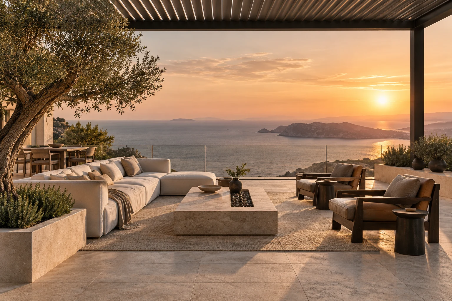 Open terrace with linen seating and a sunset over the sea.