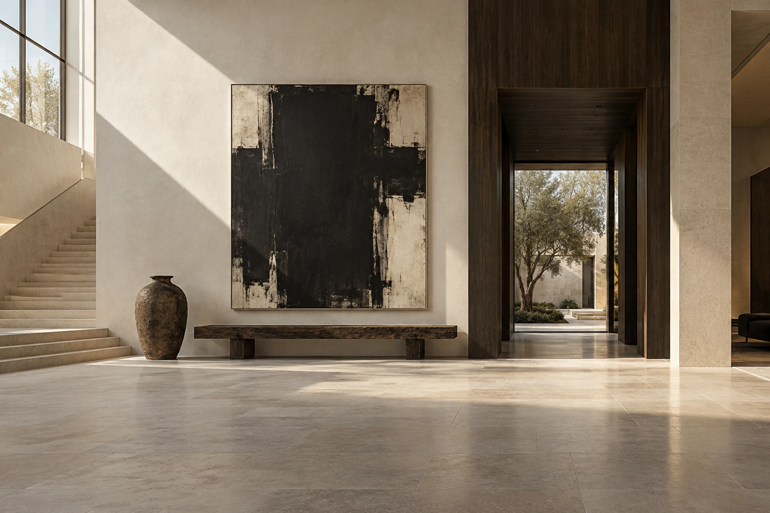 A quiet gallery of oak, limestone and large abstract art.